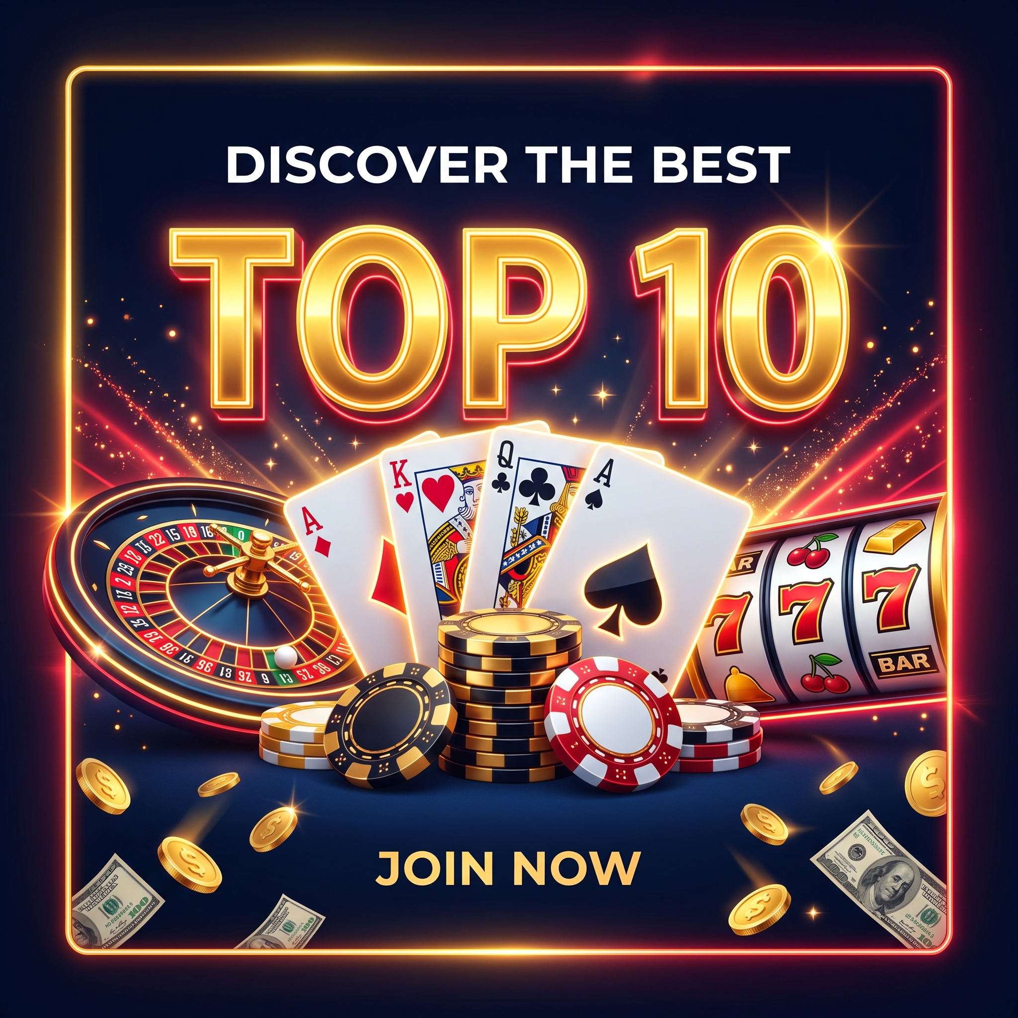 Gold lettering and casino tokens on a dark field